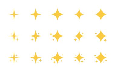 Sarı parıltılar simgesi. Süper yıldız seti parıltı simgesi. Parlak fişek, dekorasyon parıltısı, parlak flaş. Parlayan ışık efekti yıldız ve patlamalar toplama. Modern düz stil vektör illüstrasyon