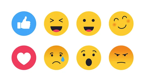 Sada roztomilých smajlíků. Emoji set s různými reakcemi na sociální sítě. Moderní vektorová ilustrace — Stockový vektor