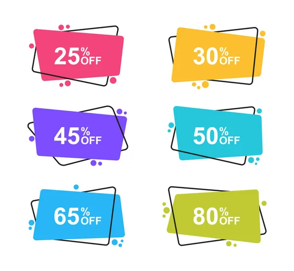 Super set different shape geometric flat banners. Sale tags set badges template, 25, 30, 45, 50, 65, 80 percent off . Discount promotion — Stock vektor