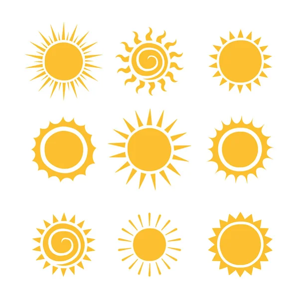 Conjunto de diferentes ícones de sol desenhados à mão. Ilustração vetorial de estilo plano —  Vetores de Stock