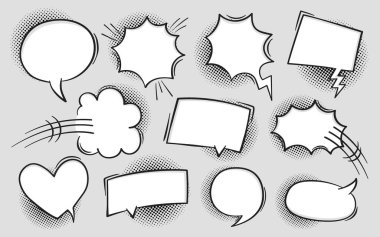 Comic book text speech bubble in pop art style with halftone shadows. Talk chat retro speak message. Empty white blank comment