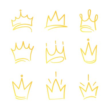 Kraliçe simgesi, prenses diadem sembolü, doodle illüstrasyon, pop art elementi, güzellik ve moda alışveriş konsepti için ayarlanmış el çizilmiş taçlar logosu