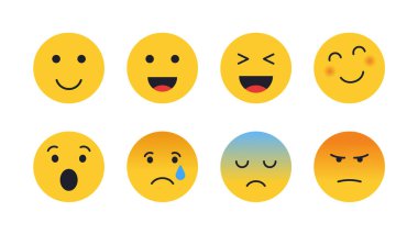 Set of cute cartoon face emoticons. Collection set with different reactions for social network. Modern vector illustration