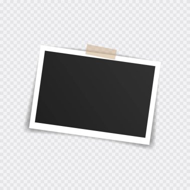 Vektör Fotoğraf çerçeve mockup tasarım. Şeffaf arka planda yalıtılmış yapışkan bant üzerinde süper ayarlı fotoğraf çerçevesi. Vektör çizimi