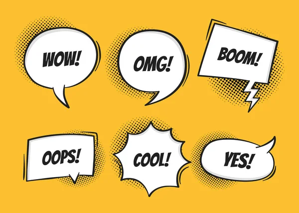 Super set rétro coloré bulles de discours comique avec des ombres demi-tons sur fond jaune. Texte de l'expression OOPS, YES, OMG, BOOM, COOL, WOW. Illustration vectorielle, style pop art rétro — Image vectorielle
