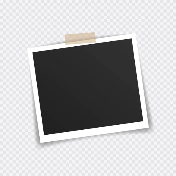 Vektör Fotoğraf çerçeve mockup tasarım. Şeffaf arka planda yalıtılmış yapışkan bant üzerinde süper ayarlı fotoğraf çerçevesi. Vektör çizimi