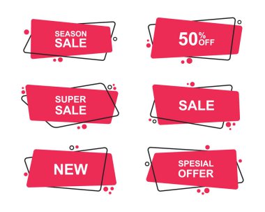 Süper farklı şekilli geometrik düz pankartlar. Satış promosyonu için modern soyut şekiller. Modern düz biçim vektör illüstrasyonu