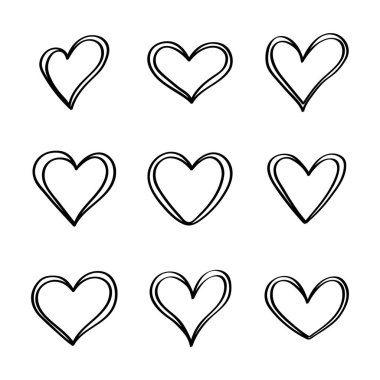 Karışık Grunge yuvarlak el çizimi kalp simgeleri beyaz arka planda izole edildi. Poster, duvar kağıdı ve Sevgililer Günü için. Kupa koleksiyonu, yaratıcı sanat