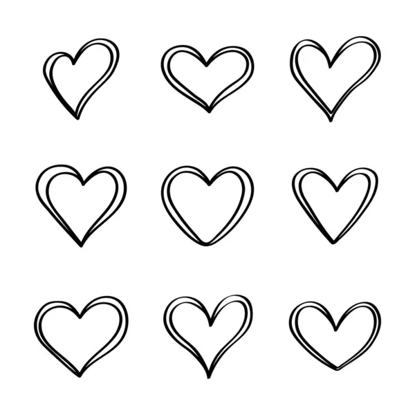 Tangled grunge mão redonda desenhado ícones do coração conjunto isolado no fundo branco. Para cartaz, papel de parede e dia dos namorados. Coleção de corações, arte criativa — Vetor de Stock
