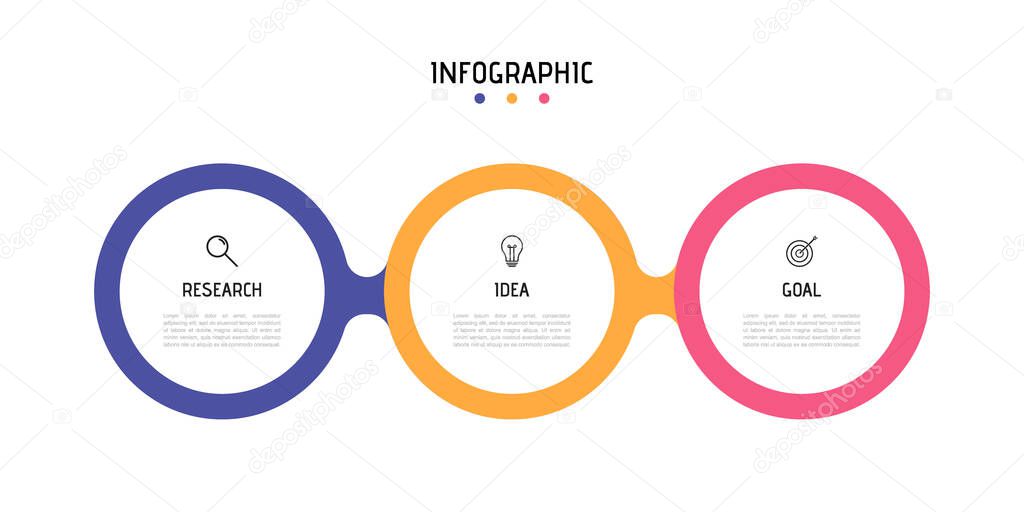 Business process infographic template. Colorful circular elements with numbers 3 options or steps. Vector illustration graphic design.