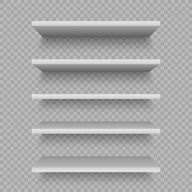 Ürün için beyaz mağaza rafları. Boş bir vitrin. Gerçekçi kitaplık rafı, alışveriş ürünleri pazarı rafları. Vektör illüstrasyon mockap