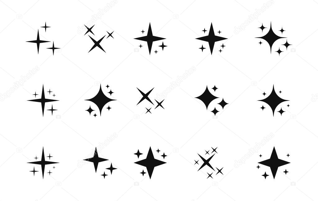 Super set of stars sparkle icon. Bright firework, decoration twinkle, shiny flash. Glowing light effect stars and bursts collection. Vector graphic design.