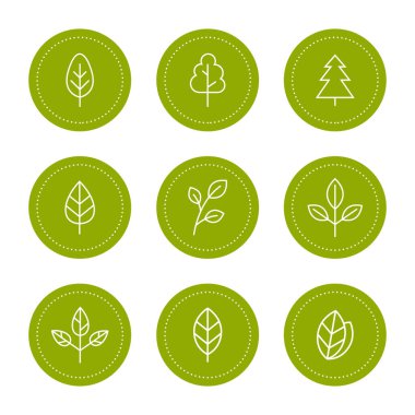 Yaprak ve ağaç çizgisi simgeleri logo tasarımını ayarla. Sağlıklı, doğal, vegan, organik gıda amblemleri. Vektör yanılsaması.
