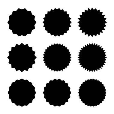 Yıldız patlaması rozet simgesi seti. Güneş patlaması etiketleri, fiyat, tanıtım, kalite, satış etiketleri. Vektör grafik tasarımı.