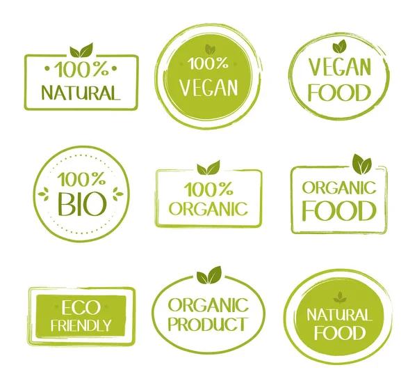 Étiquettes Aliments Végétaliens Sains Biologiques Collection Autocollants Pour Aliments Naturels — Image vectorielle