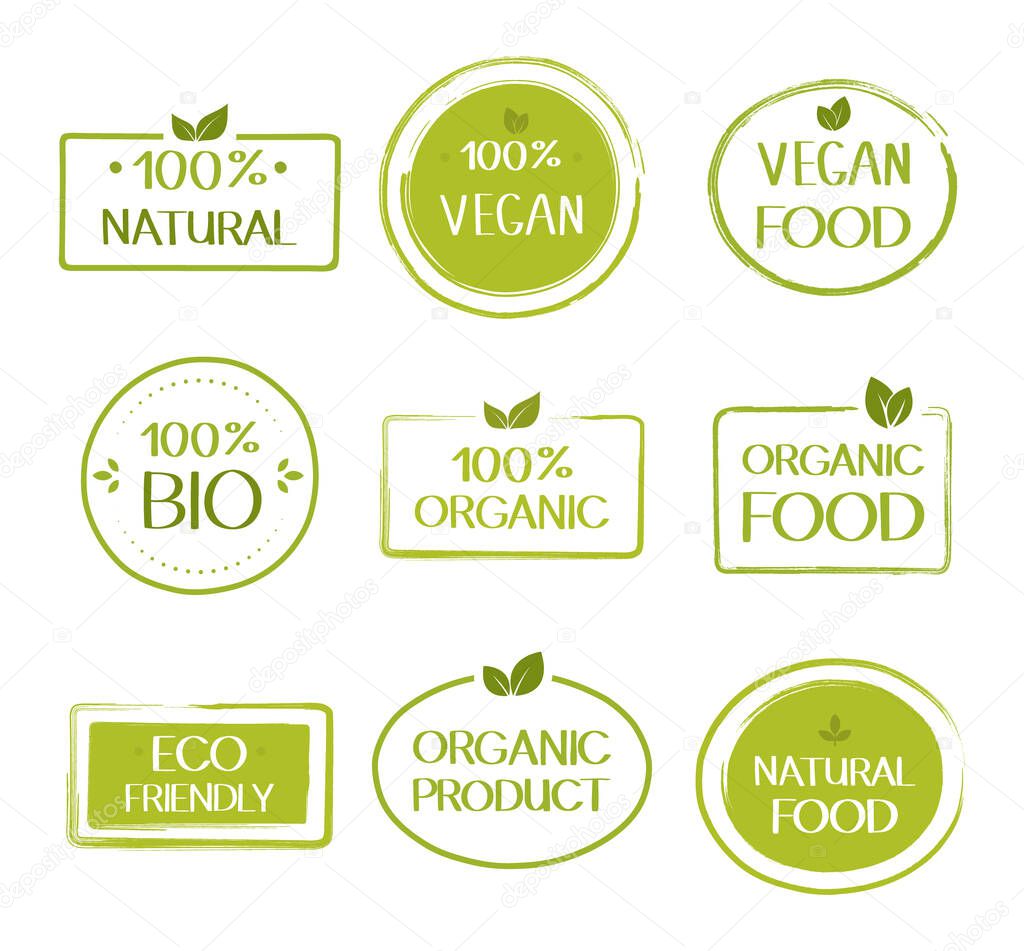 Organic healthy vegan food labels. Natural, fresh, organic food stickers collection. Vector graphic design.