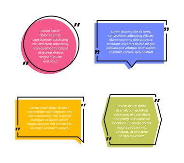 Süper farklı şekilli geometrik mesaj kutuları ayarla. Renkli tırnak içinde konuşma balonu. Modern düz biçim vektör illüstrasyonu.