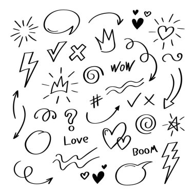 Süper farklı el çizimi ögesi ayarla. Ok, taç, daire koleksiyonu, beyaz arka plana karalamalar. Vektör grafik tasarımı.