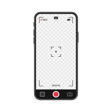 Kayıt kameralı cep telefonu. Görüntü bulucu şablonu. 4K telefon çözünürlüklü video görüntüsü. Video kayıt ekranı. Vektör grafik tasarımı