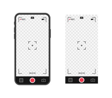 Kayıt kameralı cep telefonu. Görüntü bulucu şablonu. 4K telefon çözünürlüklü video görüntüsü. Video kayıt ekranı. Vektör grafik tasarımı