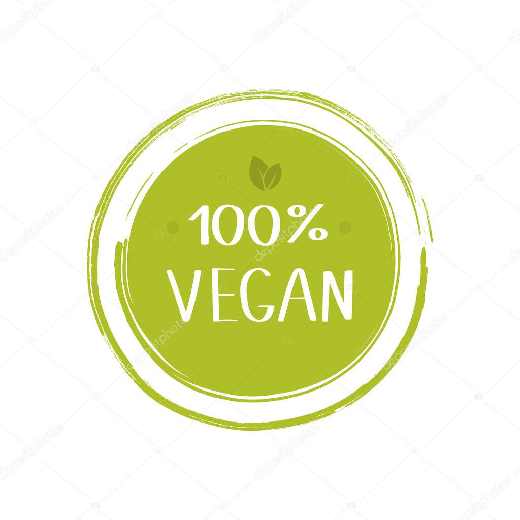 100 percent vegan food labels. Vegetarian natural, organic, fresh, food sticker. Vector graphic design.