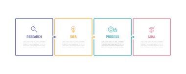 İş süreci bilgi şablonu. İnce çizgi dizaynında 4 seçenek veya basamak var. Vektör illüstrasyon grafik tasarımı.