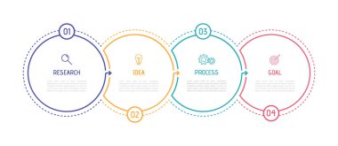 İş süreci bilgi şablonu. İnce çizgi dizaynında 4 seçenek veya basamak var. Vektör illüstrasyon grafik tasarımı.