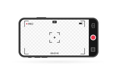 Kayıt kameralı cep telefonu. Görüntü bulucu şablonu. 4K telefon çözünürlüklü video görüntüsü. Video kayıt ekranı. Vektör grafik tasarımı.
