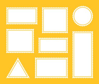Boş posta pulunu ayarla. Dişletilmiş sınır posta etiketi şablonu. Vektör grafik tasarımı.