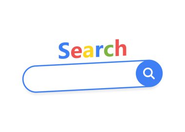 Arama çubuğu geometrik rozeti. Web sitesi ya da tarayıcılar için web tasarım ögesi. Metin alanı ve arama tuşu. Vektör illüstrasyonu.