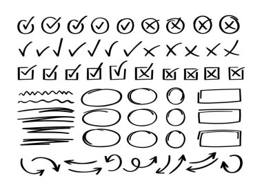 Farklı daire okları ve altçizgileri olan süper ayarlanmış el işaretleri. Doodle v kontrol listesi simge simgesi seti. Vektör illüstrasyonu.