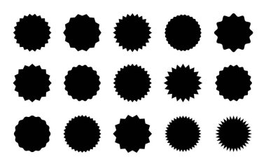 Yıldız patlaması rozet simgesi seti. Güneş patlaması etiketleri, fiyat, tanıtım, kalite, satış etiketleri. Vektör grafik tasarımı.