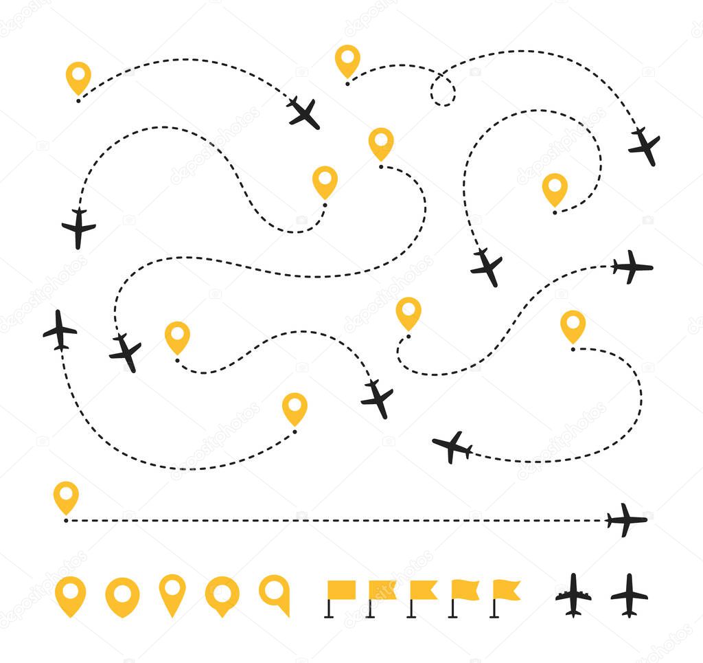 Big set plane route line. Airplane travel concept with map pins, GPS points. Flight start point concept or theme. Vector illustration.