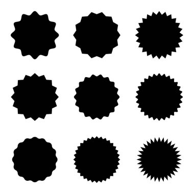 Yıldız patlaması rozet simgesi seti. Güneş patlaması etiketleri, fiyat, tanıtım, kalite, satış etiketleri. Vektör grafik tasarımı.