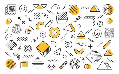 Farklı elle çizilmiş soyut şekilli geometrik arkaplan. Sarı elementli evrensel yarım ton geometrik şekiller. Modern vektör illüstrasyonu.