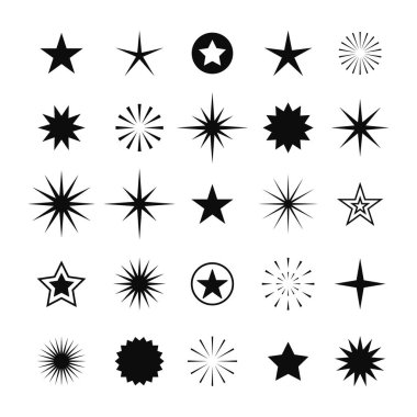 Süper yıldız kümesi ışıldayan ikon. Parlak havai fişek, dekorasyon pırıltısı, parlak ışık. Parlayan ışık efektleri ve patlamalar koleksiyonu. Vektör grafik tasarımı.