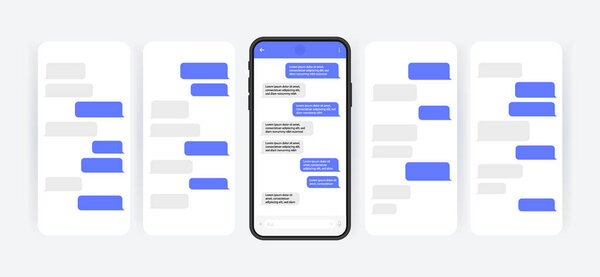 Social media design concept. Smart Phone with carousel style messenger chat screen. Sms template bubbles for compose dialogues. Modern vector illustration flat style.