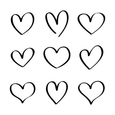 Kalp el çizimi simgeler beyaz arkaplanda izole edildi. Poster, duvar kağıdı ve sevgililer günü için. Kupa koleksiyonu, yaratıcı sanat.