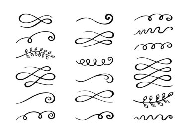 Süslü el çizimi ayırıcı koleksiyonu. Eski çizgiler ve sınırlar. Kıvrımlar ve kıvrımlar tasarım elementleri. Vektör illüstrasyonu.