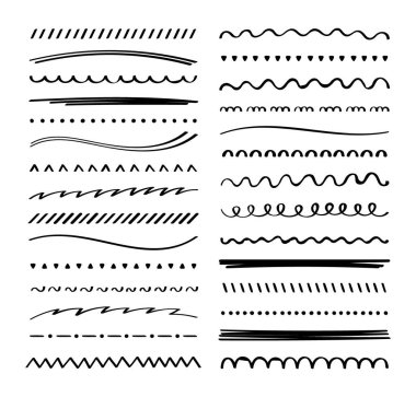 İşaretli fırça karalama stilinde altı çizili vuruşların el çizimi koleksiyonu. Karalama tasarım elementleri. Vektör grafik tasarımı.