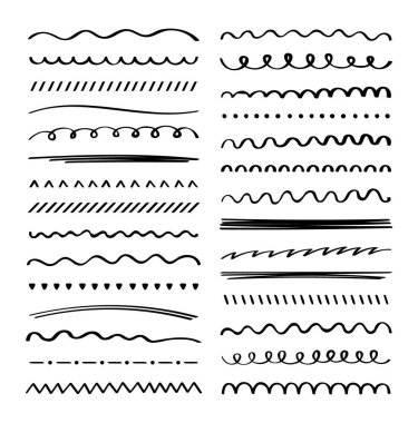 İşaretli fırça karalama stilinde altı çizili vuruşların el çizimi koleksiyonu. Karalama tasarım elementleri. Vektör grafik tasarımı.