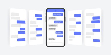 Sosyal medya tasarım konsepti. Atlıkarınca tarzı kurye sohbet ekranlı akıllı telefon. Diyaloglar oluşturmak için Sms şablon baloncukları. Modern vektör çizimi düz biçimi.