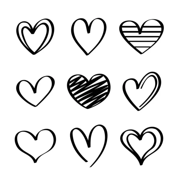 Ícones Desenhados Mão Coração Conjunto Isolado Fundo Branco Para Cartaz — Vetor de Stock