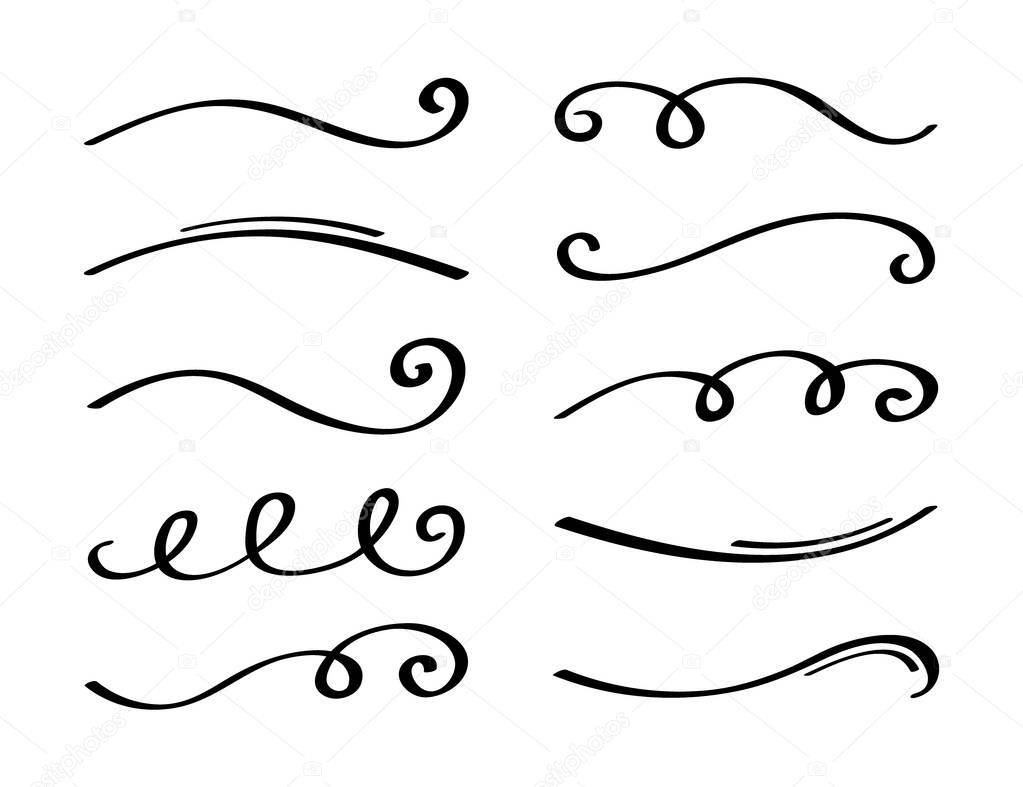 Ornament divider collection. Hand drawn collection of curly swishes. Calligraphy swirl. Highlight text elements. Vector illustration.