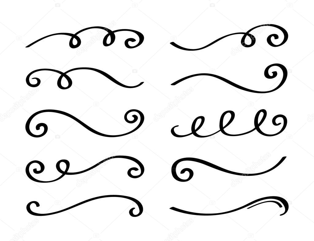 Ornament divider collection. Hand drawn collection of curly swishes. Calligraphy swirl. Highlight text elements. Vector illustration.