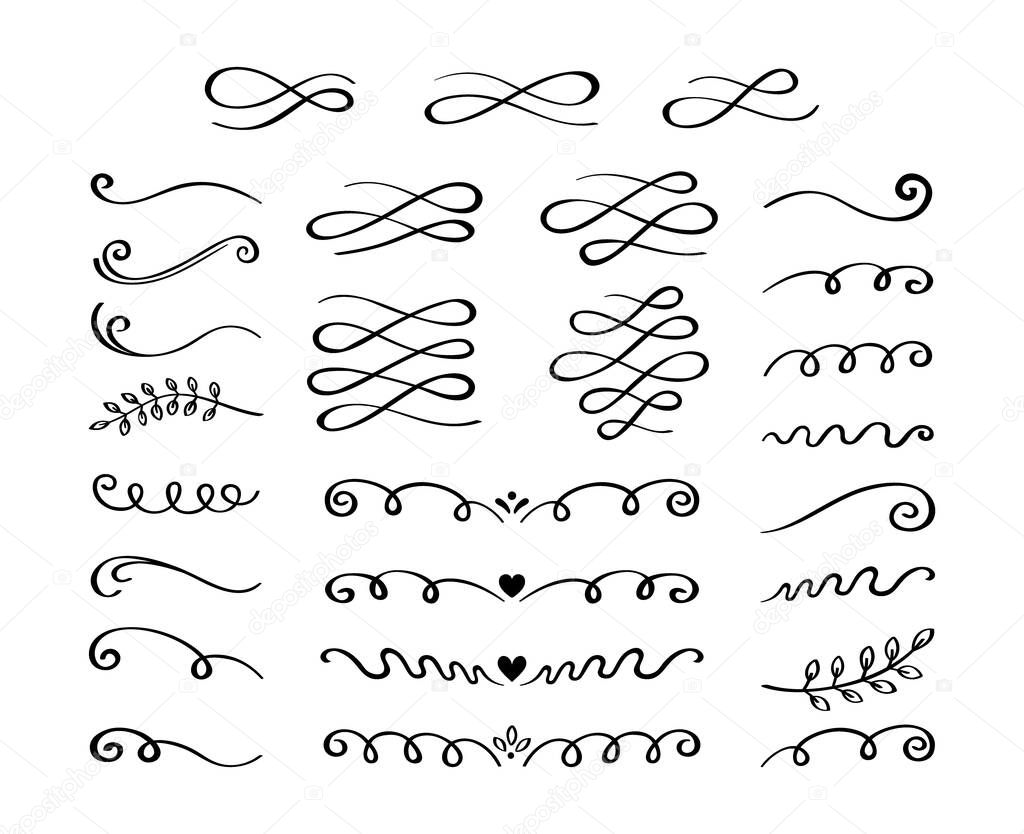 Ornament hand drawn divider collection. Vintage lines and borders. Doodle swirls and curls design elements. Vector illustration.