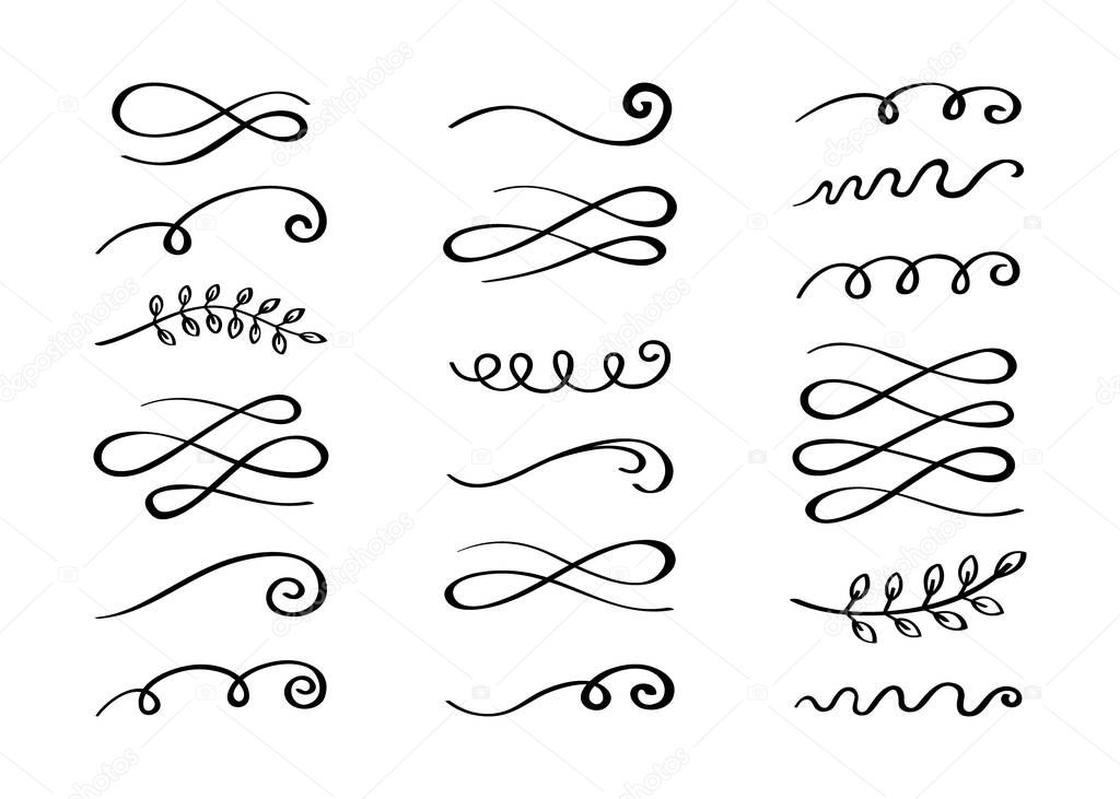 Ornament hand drawn divider collection. Vintage lines and borders. Doodle swirls and curls design elements. Vector illustration.