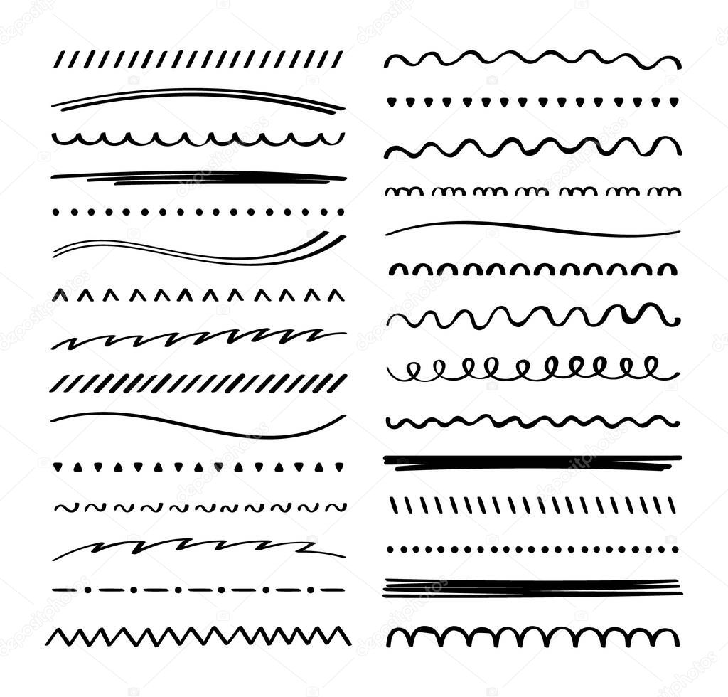 Hand drawn collection set of underline strokes in marker brush doodle style. Doodle design elements. Vector graphic design.