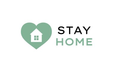 Ev ve kalp sloganı olarak evde kal. Koronavirüsten korunmak için slogan, COVID-19. Vektör illüstrasyonu.
