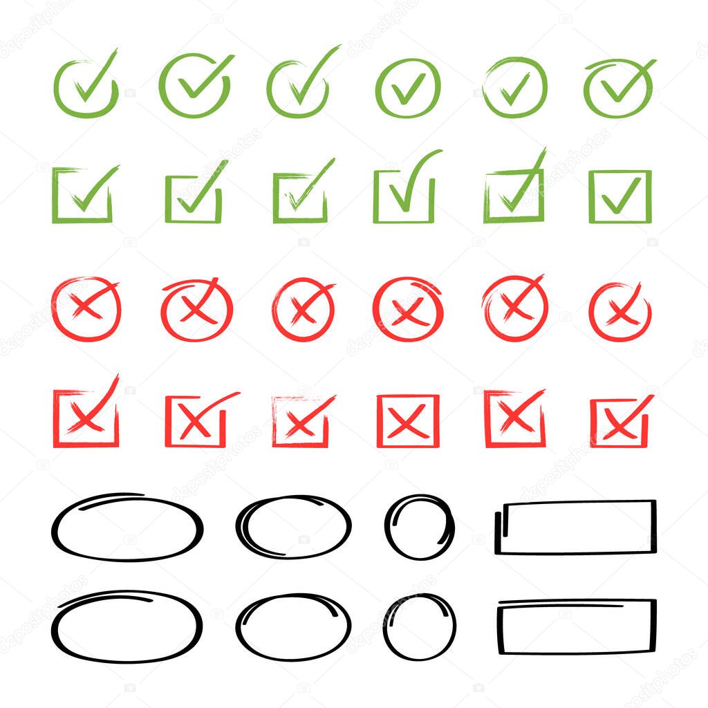 Super set hand drawn check mark with different circle arrows and underlines. Doodle v checklist marks icon set. Vector illustration.